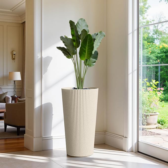 23.6" H Tall Planters for Outdoor Plants Set of 2 - Fluted Large Outdoor Planters for Front Porch Decor with Drainage Hole, Plastic Round Flower Pots Fits Indoor Plants Patio/Garden, Beige