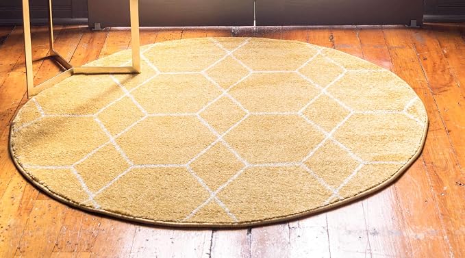Unique Loom Trellis Frieze Collection Area Rug - Geometric (8' Round, Yellow/ Ivory)