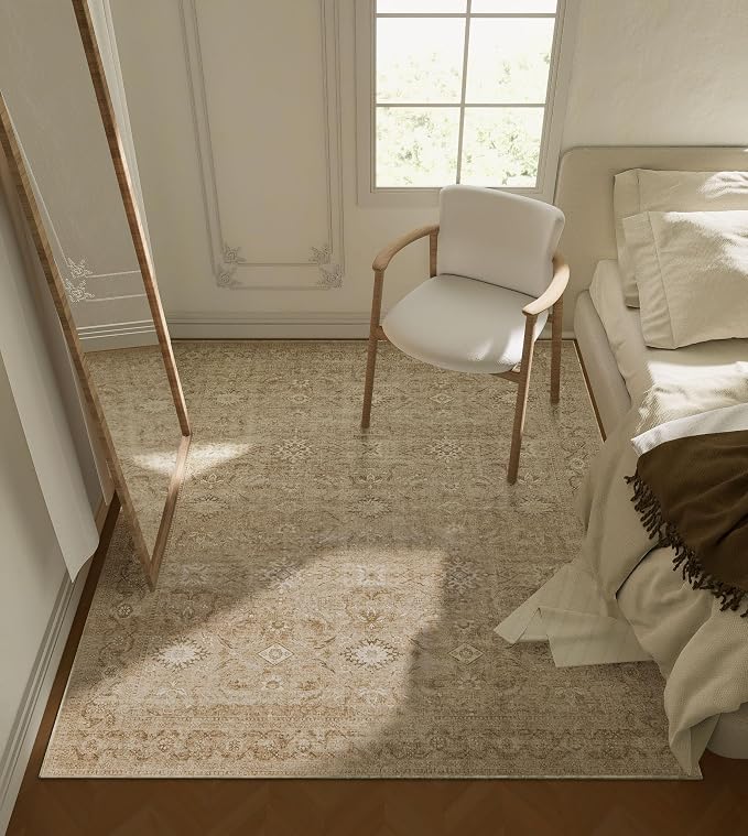 3x5 Washable Area Rugs for Bedroom: Entryway Rug with Non Slip Backing Low Pile Soft Faux Wool Distressed Vintage Boho Small Throw Rugs for Living Room Kitchen Office Nursery Entrance Enytry Indoor