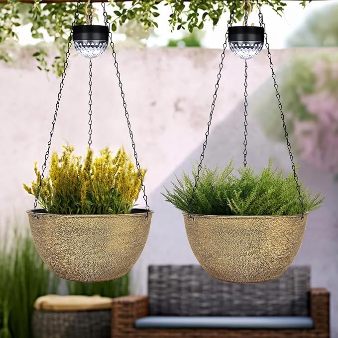 SUNNYPARK 2 Packs Hanging Planters Basket for Outdoor Plants, Solar Powered Self Watering Copper Round Plastic Flower Pots with Drainer for Balcony Patio Garden Outdoor Decoration