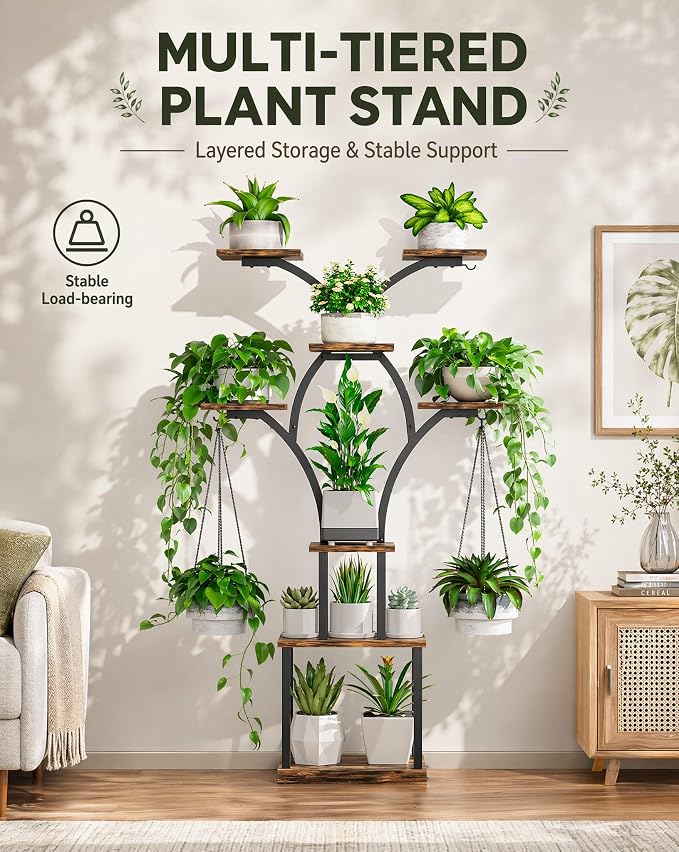 Elbourn 8 Tiered 60" Tall Plant Stand Indoor Shelf with Grow Lights (Brown) | Corner Shelf Decor