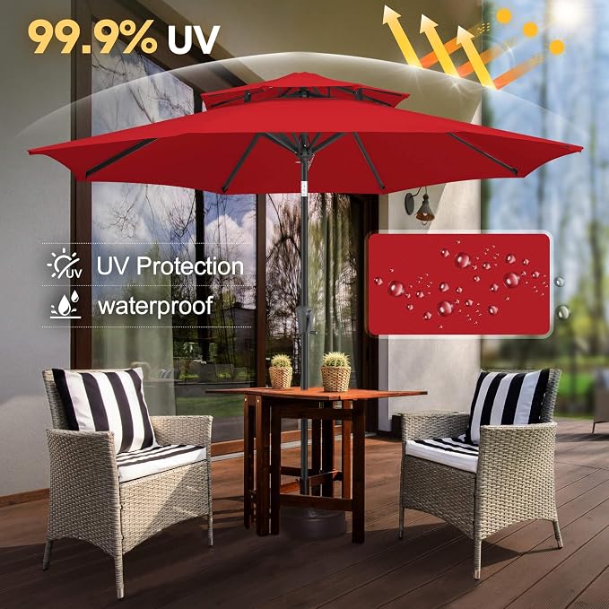 FLAME&SHADE 9ft Patio Umbrella - 2 Tiers Outdoor Umbrella with Push Button Tilt and Crank for UV Protection, Table Market Umbrella for Garden, Deck, Backyard, Pool and Beach(Red)
