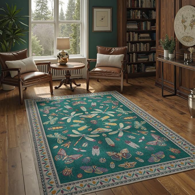 DCX 5x7 Washable Bug Rug for Living Room, Soft Low Pile Rug, Deep Teal | Easy to clean, non-shedding, soft, kid & pet friendly, with a non-slip rubber backing for bedrooms, and nature-themed decor