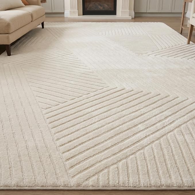 Beige 8x10 Solid Color Area Rug,Washable Rugs for Living Room Bedroom | Soft Plush Thick High-Low Pile Carpet, Fluffy, Non-Slip Modern Geometric Rugs for Bedside, Kids Room, Nursery, Home Office