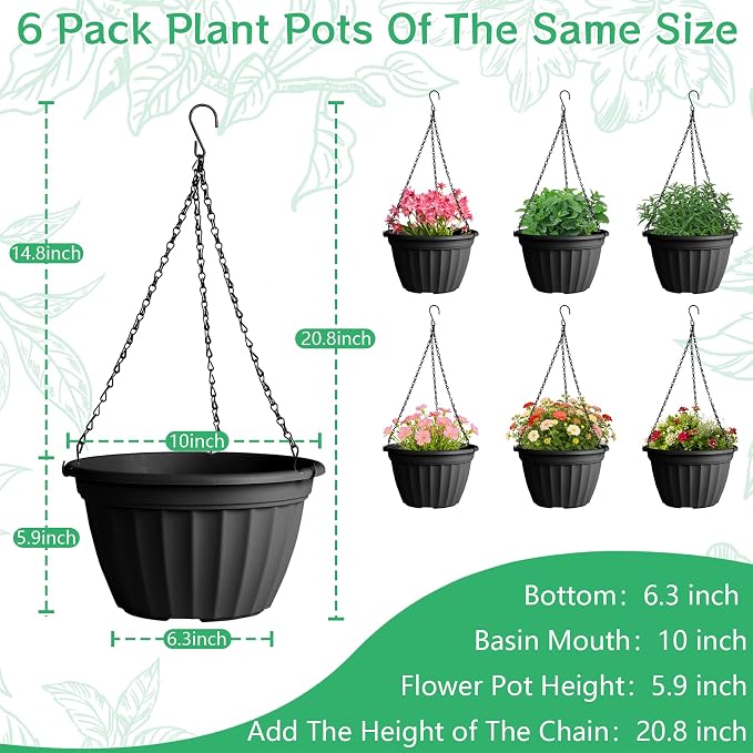 FGstyle 6 Pack Hanging Planters 10 Inch,Self Watering Pots for Indoor Plants,Plastic Hanging Basket with Soil Elevator and 20" Chain for Home Garden Porch Balcony Patio Decor(Black)