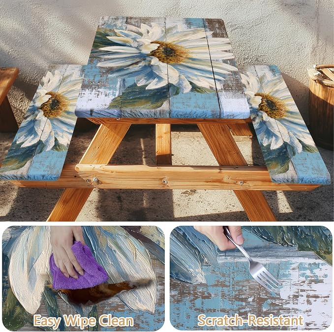 Picnic Table Cover with Bench Covers Elastic Edges, Outdoor Patio Camping Essentials 72 Inch 3PCS, Waterproof Camping Fitted Tablecloth with Handbags (Wood flower)