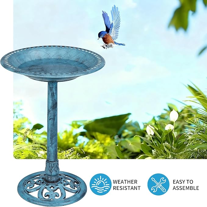 VECELO 28" Pedestal Outdoor Bird Bath for Outside, Vintage Bronze Polyresin Lightweight Antique, Yard/Garden Decoration, Blue