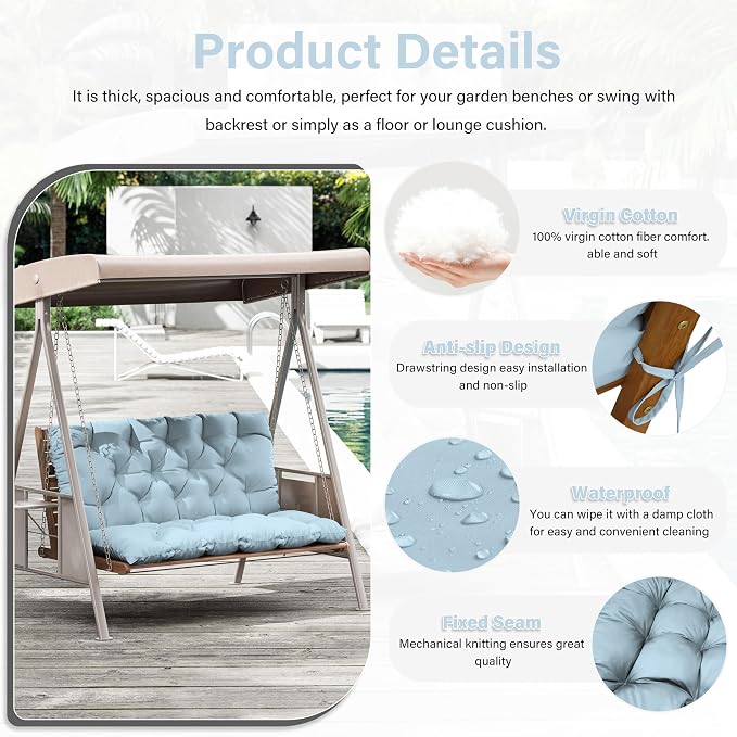 Porch Swing Cushion with Backrest,Waterproof Bench Cushion for Outdoor Furniture,2-3 Seater Replacement Thickened 5 in swing cushion,with Ties,Patio,Outdoor,Backyard and Garden (Sky Blue,47x40 in)