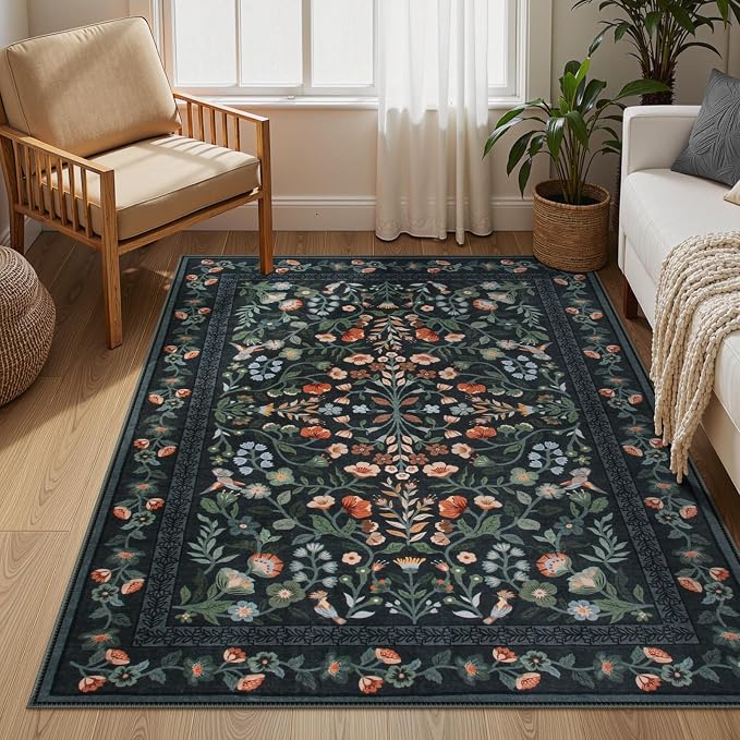 Lahome Black Floral Washable Area Rug 5x7, Vintage Boho Carpet | Non Slip Stain Resistant Carpet for Bedroom Kitchen Entryway, Low-Pile Soft Rug for Living Room Office, Home Decor