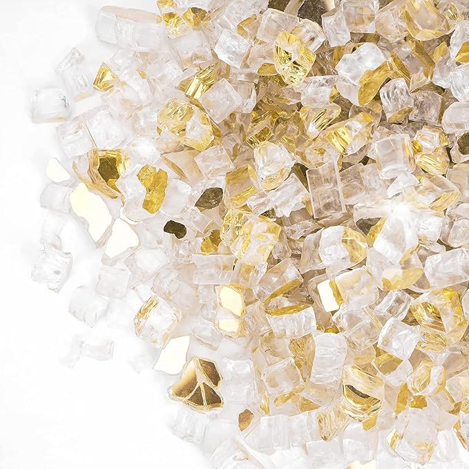 Onlyfire 10 lbs Fire Glass Rocks 1/4 Inch, Reflective Tempered Glass for Propane Fire Pit & Gas Fireplace, High Luster Firepit Glass Stones for Fire Table, Gold (Multicolor Options Available)