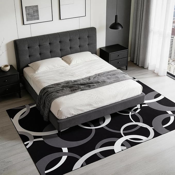 Washable Black and White Living Room Rug Non Slip, Soft 6x9 Area Rugs for Bedroom Dining Room Low Pile, Modern Concentric Circle Pattern Carpet for Playroom Home Office Decor