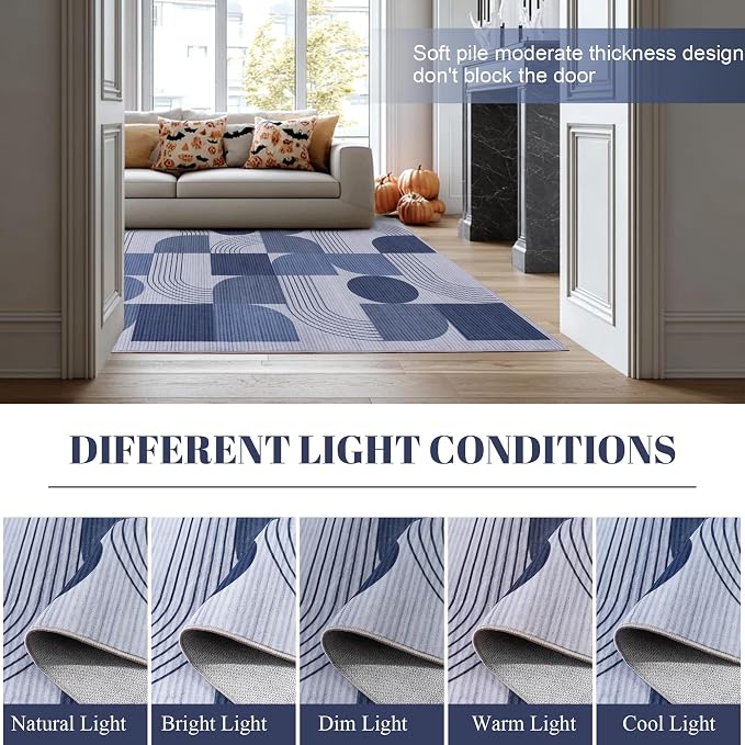 Soft Modern Geometric Abstract Large Machine Washable 6x9 Area Rug | Blue Rugs for Bedroom Living Room, Non-Shedding Faux Wool Indoor Throw Floor Carpet for Office Entryway Dining Room Decor