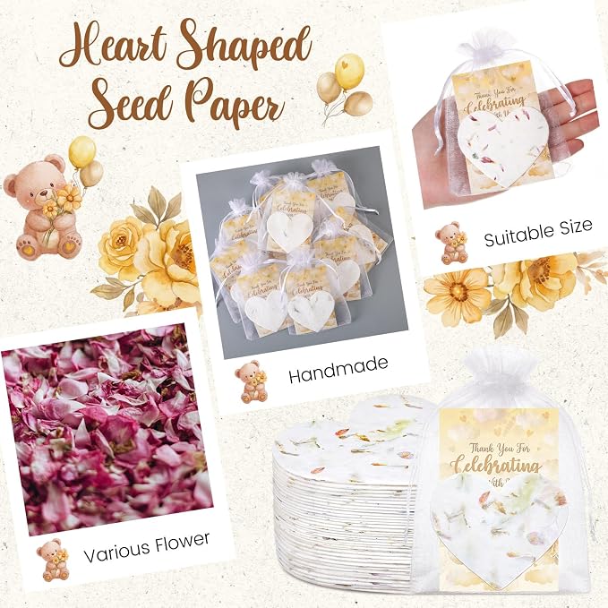Dunzoom 50 Sets Baby Shower Party Gifts for Guests Heart Shaped Seed Paper Handmade Flower Petals Tags Plantable Wildflower Seed Paper Recycled Thank You Cards and Organza Bags for Party Favors