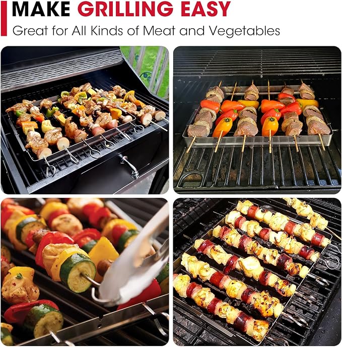 Unicook Upgraded Stainless Steel BBQ Shish Kabob Set, Large Foldable Grill Rack with 6pcs 13.5"L Barbecue Skewer, Keeps Kabobs from Sticking to the Grill Grate, 30pcs Bamboo Skewers as Bonus