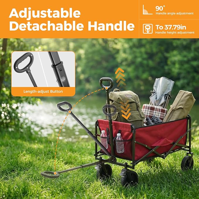 NEWBULIG Collapsible Wagon Cart, 102L Standard, Portable Heavy Duty Pull Cart with Lockable Wheels, 330 lbs Capacity, Adjustable Handle for Beach, Sports, Camping, Shopping & Garden, Red