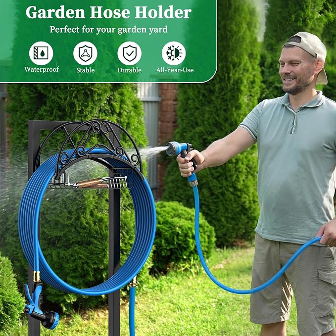 Garden Hose Holder - Upgraded Water Hose Holder Holds 150FT Hose, Heavy Duty Metal Hose Stand, Detachable Hose Storage Rack for Lawn & Yard