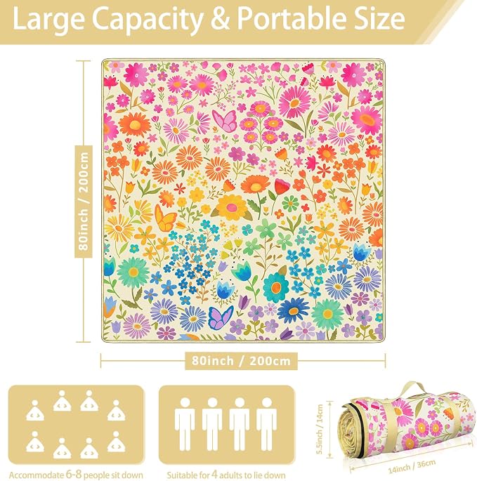 Floral Picnic Blankets Waterproof Foldable, 80″X80″ Extra Large Picnic Mat Boho Outdoor Blanket for Grass, Cute Packable Beach Blanket Sandproof Picnic Accessories for Camping Music Festival Park Lawn