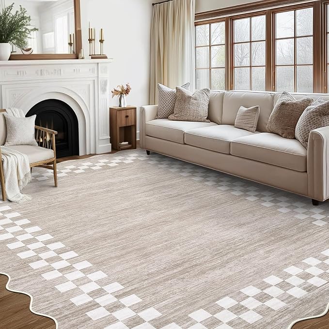 GarveeHome Washable 10x13 Area Rug Large Living Room Scalloped Rug | Non Slip Low Pile Bedroom Throw Carpet Soft Modern Bordered Dining Room Rugs Stain Resistant Carpet for Home Office, Fog
