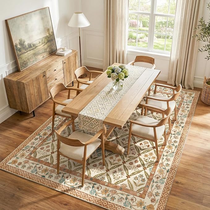 jinchan 8x10 Vintage Floral Washable Large Living Room Area Rug, Terracotta | Soft & Lightweight, Checkered Floral, Low Pile, Non Slip, Bedroom, Dining Room, Girls Room, Home Office, Cottage Decor
