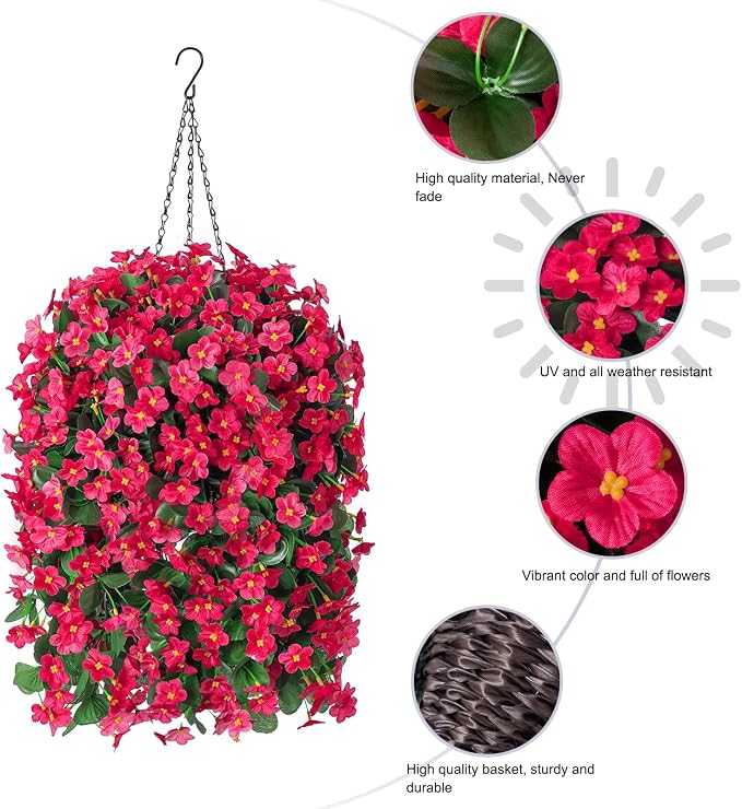 Artificial Fake Hanging Flowers Plants Baskets for Outdoor Outside Porch Decoration, Faux Silk Hotpink Realistic UV Resistant Orchid Long Vines in Planter for Spring Summer Home Patio Balcony