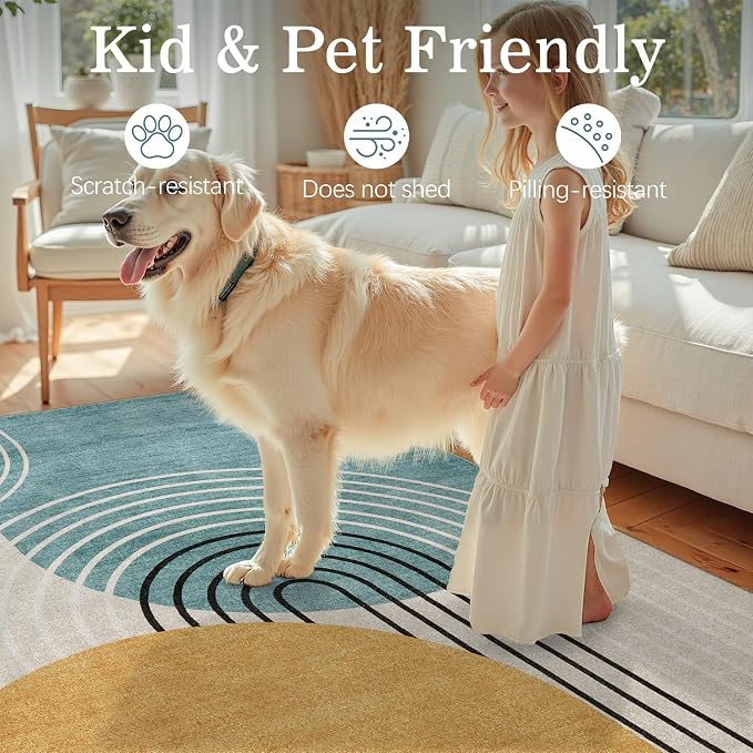 DCX 5x7 Area Rug Living Room: Modern Washable Indoor Carpet Blue & Yellow | for bedroom, dining room, nursery, hallway, office, mid century modern,machine washable,non-Slip,stain resistant,indoor