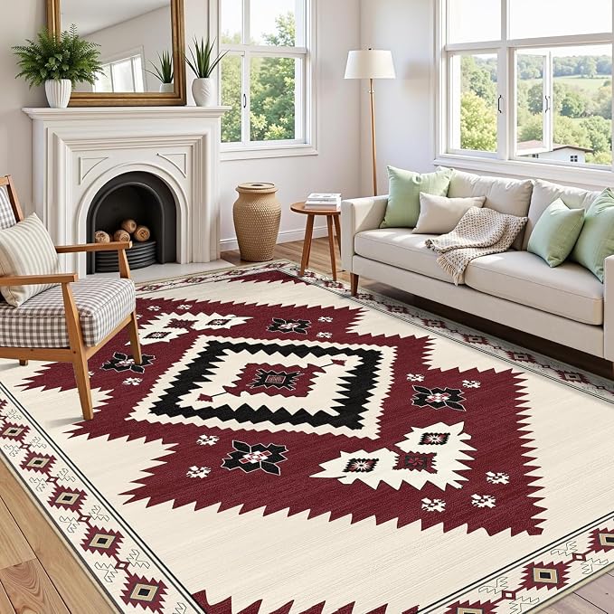5x7 Area Rug Western Rugs for Living Room Southwest Aztec Rug | Washable Southwestern Navaj Tribal Rugs Low Pile Non-Slip Floor Carpet for Dining Room Bedroom Kitchen Office, Beige Red
