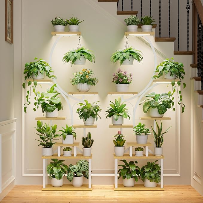 BACEKOLL Plant Stand Indoor with Grow Light - 2 Pack Tall Indoor Plant Shelf, 62" Corner Plant Holder, 8 Tiered Large S-Shape Flower Multiple Display Shelf for Home, White