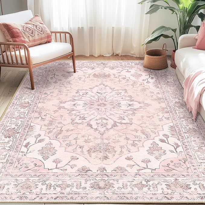 RELEANY Washable Area Rug, 5'x7', Pink | Non-Slip, Water Repellent, Pet Friendly, Easy to Clean, Vintage Floral Boho Decor for Living Room Bedroom Dining Room Office