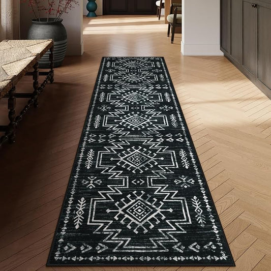 Lahome Black Runner Rug for Hallway Non Slip, 2.5x8 Western Entryway Rug | Boho Washable Stain Resistant Runner Rug for Bathroom Kitchen, Moroccan Low Pile Long Carpet for Entrance