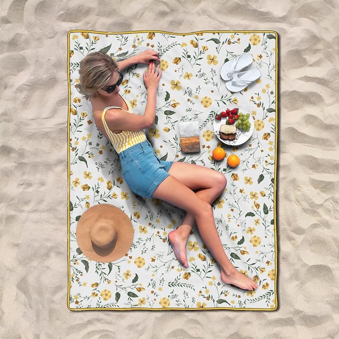 Flower Picnic Blankets Waterproof Foldable, 60’‘x80'' Portable Dual Layers Outdoor Travel Camping Picnic Backpacking Hiking Beach Blanket Mat for Grass Padded Lawn Park Beach ,Picnic Accessories
