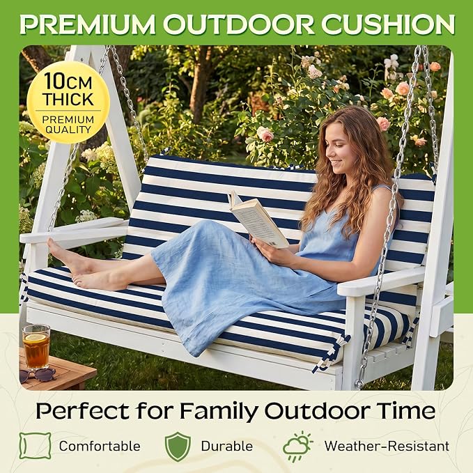 Outdoor Swing Cushion with Backrest, Tie Straps & Memory Foam - Replacement for Porch Bench 2/3 Seater, Oxford Fabric (Navy-White Stripe, 60 INCH × 40 INCH)