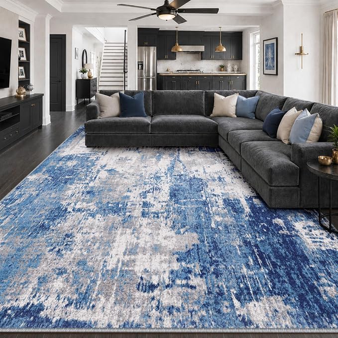 RELEANY Washable 10'x12' Abstract Area Rug for Living Room Blue Gray | Carpet for Bedroom, Kitchen, Office, Hallway and Entryway, Printed Pattern, Non‑Slip, Soft, Stain‑Resistant, Easy to Clean