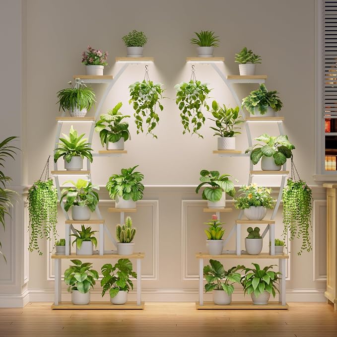 BACEKOLL Plant Stand Indoor with Grow Lights, 9 Tiered Metal Plant Shelf, 64" Tall Plant Stand for Indoor Plants Multiple, Large Plant Rack Display Shelf, Curved Plant Holder for Living Room, White