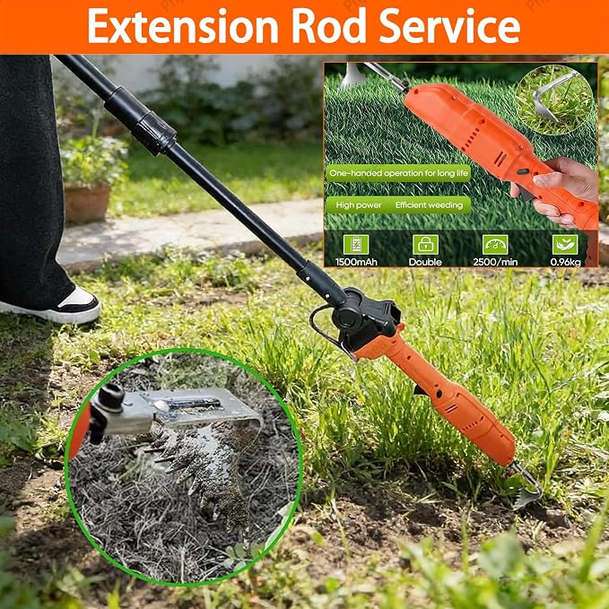 Stand Up Weed Puller Tool,Heavy Duty Detachable 11-Claw Weeder with Ergonomic Long D-Handle | Tools for Effortless Garden Weed Removal Dandelions More 2Batteries-withPole