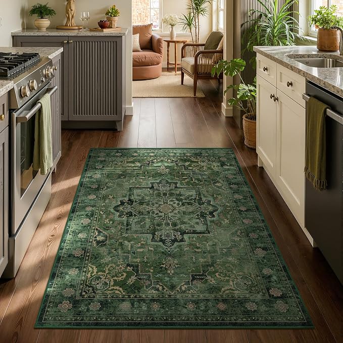 Green Medallion 4x5 Throw Rug for Large Kitchen, Distressed Vintage Small Area Rugs for Living Room Bedroom, Washable Non Slip Thin Carpet Rug for Home Office/Bathroom/Foyer