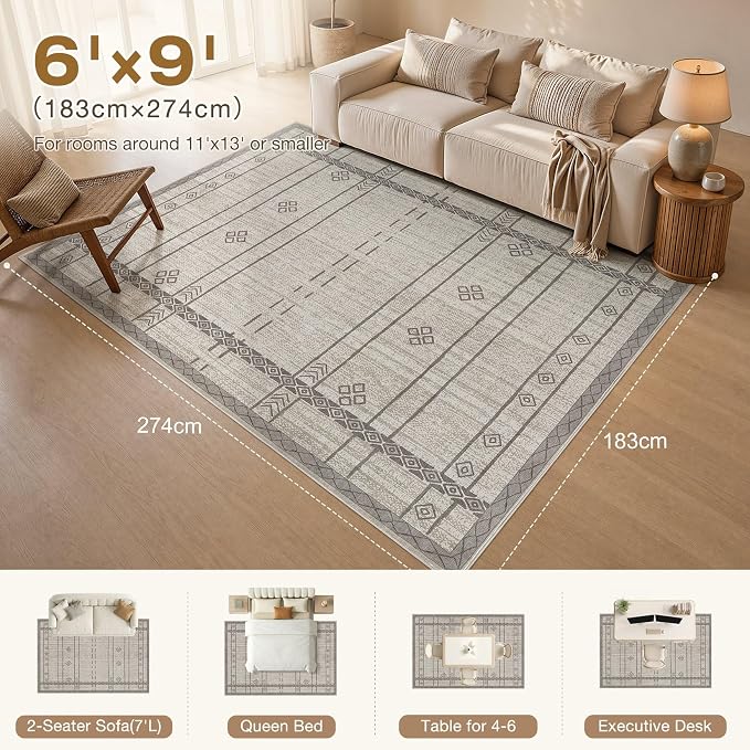 cotiled 6x9 Area Rugs for Living Room: Boho Washable Rug for Dining Room | Stain Resistan Indoor Soft Carpet for Bedroom Nursery Grey Brown