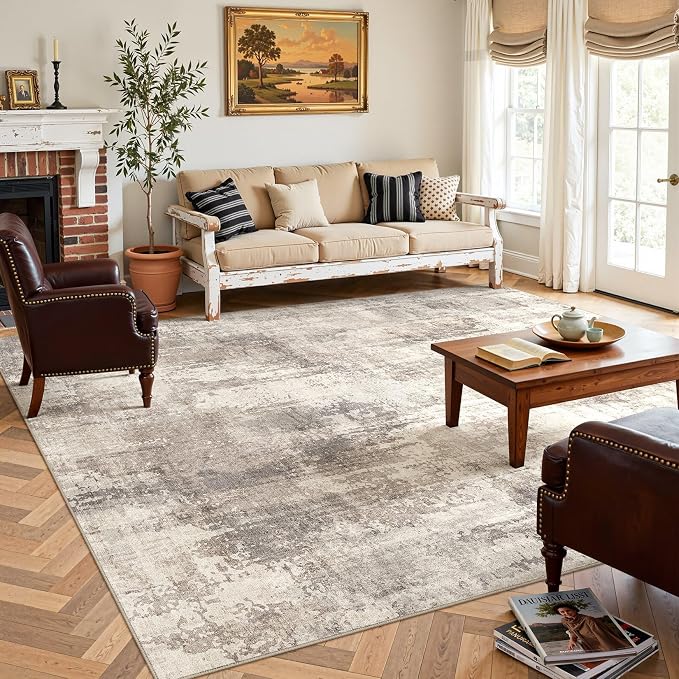 DMOYEST 8x10 Area Rug for Living Room Washable Abstract Indoor Carpet | Neutral Modern Low Pile Rugs Kid & Pet Friendly Large Soft Thin Carpet for Bedroom Dining Room - Pale Brown