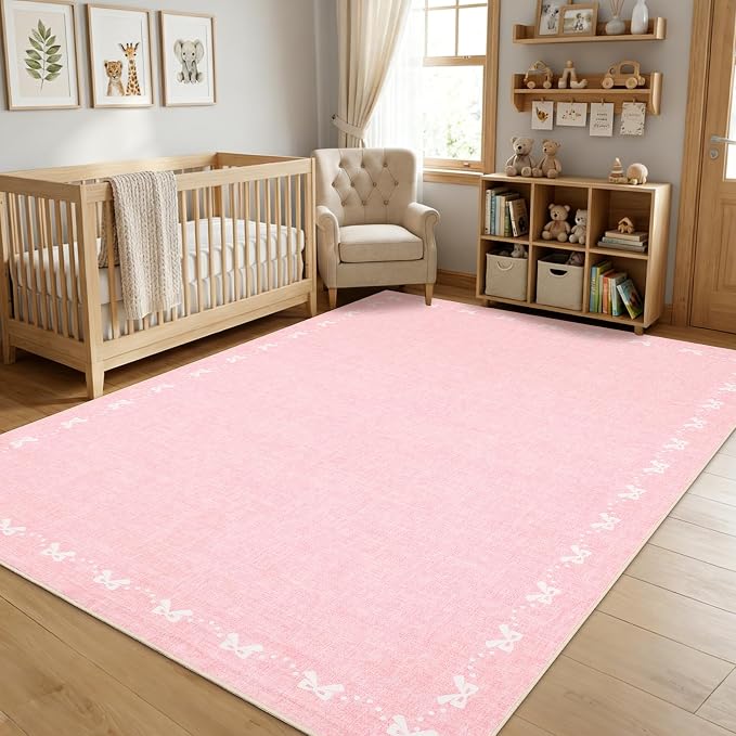 COZYLOOM 9x12 Bow Printed Rug for Bedroom, Large Solid Color Living Room Rug with Non Slip Backing, Stain Resistant Non Shedding Rugs Low Pile Modern Farmhouse Carpet for Bedroom, Dining Room, Pink