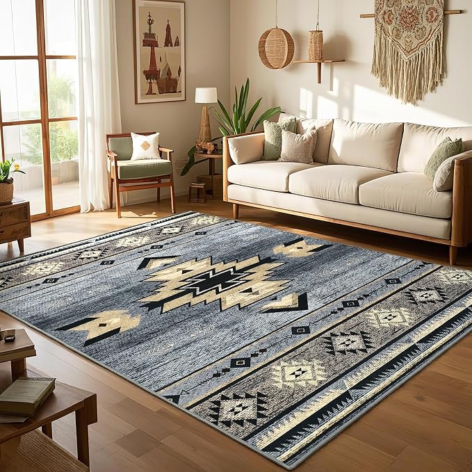 BENRON Western Rugs for Living Room Bedroom 4x6, Non Slip Washable, Grey | Southwest aztec Area Rugs for Dining Table Kitchen Home Decor, Geometric