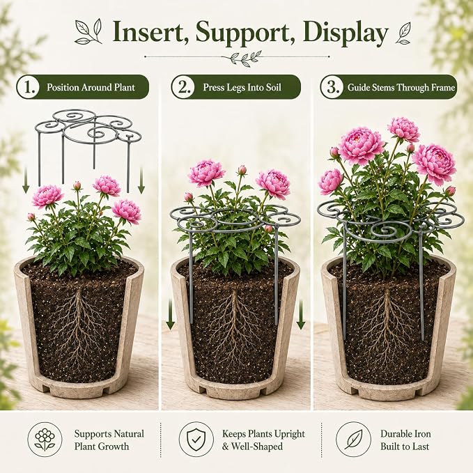 Plant Support Ring for Outdoor Plants, 10.83 x 10.83 in Metal Garden Stake, Decorative Peony Support Cage for Potted Flowers, Hydrangeas, Roses, 1 Pack
