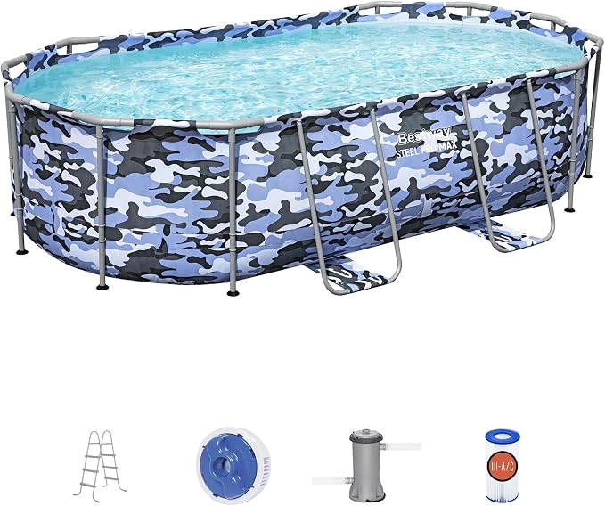Bestway: Steel Pro Max - Oval Swimming Pool Set - 14' x 8'2" x 39.5, Blue Camo - Above Ground, Tritech Construction, Filter Pump, Ladder, 1,915 Gal.