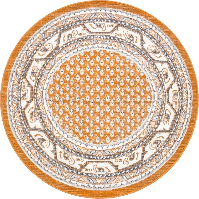 Unique Loom Williamsburg Collection Traditional Border with Dotted Center Area Rug, Round 3' 7" x 3' 7", Orange/Beige