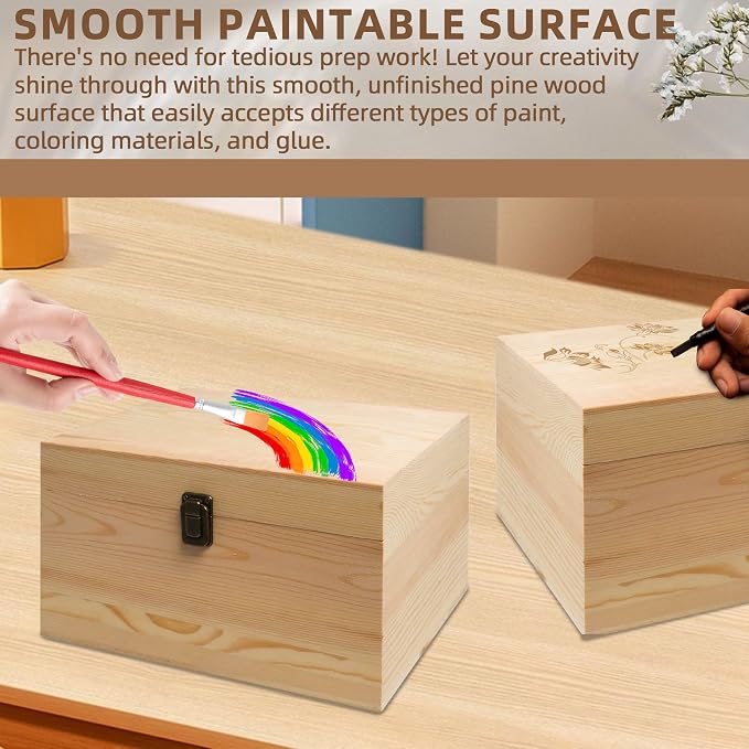 10.71x8x5.66-Inch Unfinished Wooden Box with Hinged Lid & Front Clasp for DIY Art Project Crafts Woodcraft Keepsake - Easy to Stain Paint Wood Burning