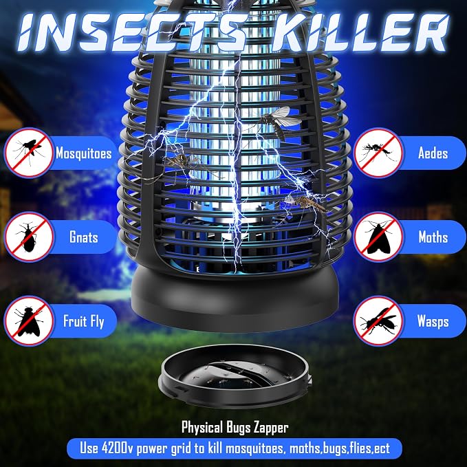 Bug Zapper Outdoor for Mosquito Flies - Waterproof Insect Killer Trap Lamp Electric 4200V Powerful Bug Zappers Indoor with LED Light for Patio Porch Garage Backyard & Home