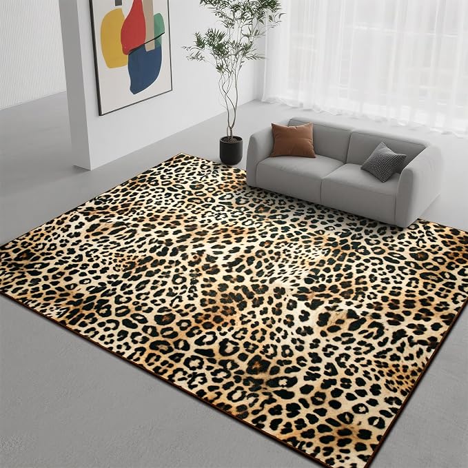 DweIke Leopard Print Rug for Living Room, Machine Washable 8x10 Cheetah Area Rugs for Bedroom, Non-Slip Low Pile Animal Hide Carpet with Rubber Backing for Dining Room Kitchen Home Decor,White Brown