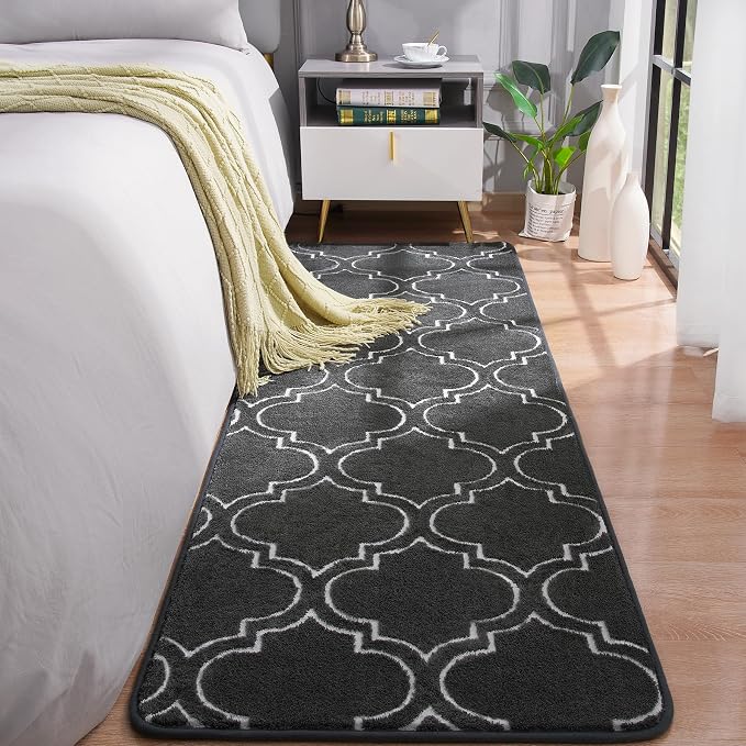 Chicrug 2x6 Shag Geometric Modern Runner Rug for Bedroom Hallway | Memory Foam Indoor Runner Carpet, Fluffy Rug for Living Room Bedside Room for Family, Dark Grey and White