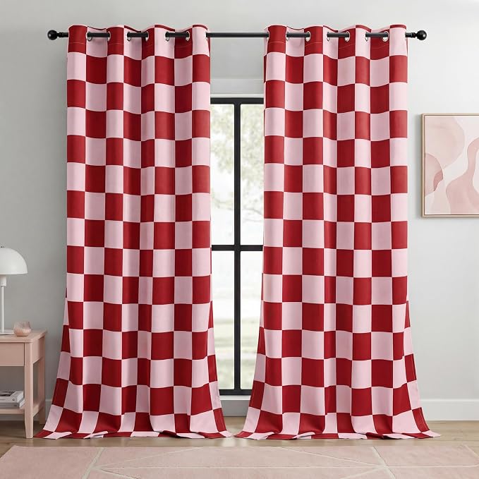 100% Blackout Checkered Curtains – 2 Panels, Each W52×L96, Thermal Insulated, Nosie Reducing for Bedroom, Modern Pink and Red Checkerboard Design for Girls Room