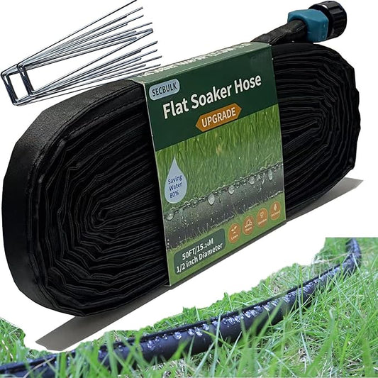 Secbulk 2026 Flat Soaker Hose 50 ft with Stakes for Garden, 50ft Linkable Drip Hose Diy Garden Irrigation System Saving 80% Water, Dual-layer Leak-free Design Water Hose with Holes