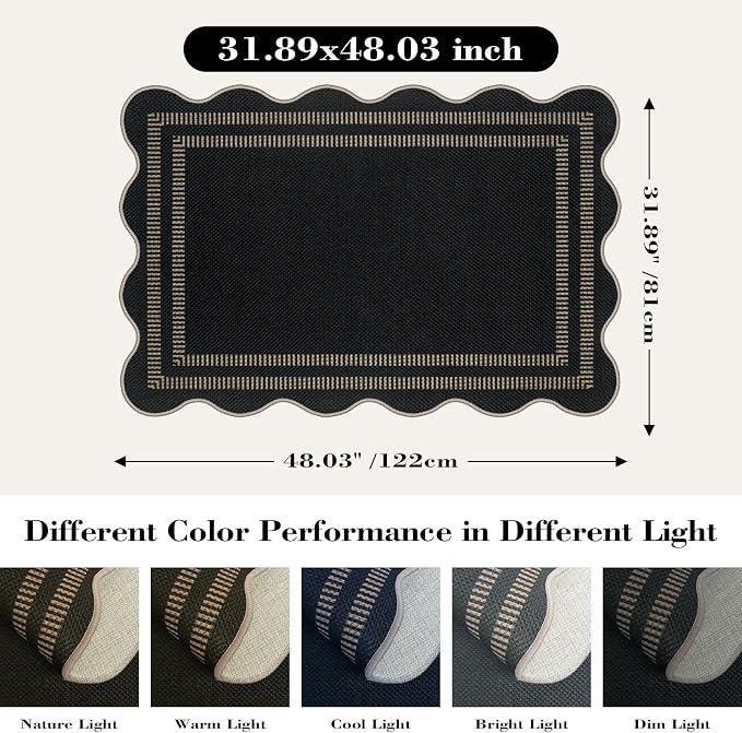 Scalloped Easy Jute Black Rug, 2.6x4 Front Door Washable Door Mat Non Slip Small Kitchen Area Rug, Farmhouse Low Pile Floor Rugs for Entryway Porch Doorway