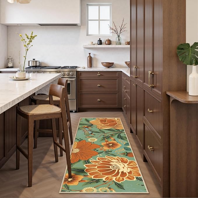 Tyrot Sage Green Boho Floral 2x6 Washable Kitchen & Hallway Runner Rug Ultra-Thin Flat Woven Low Pile Botanical Runner Rug Non-Slip Indoor Butterfly Runner for Entryway, Laundry, Bathroom and Bedroom